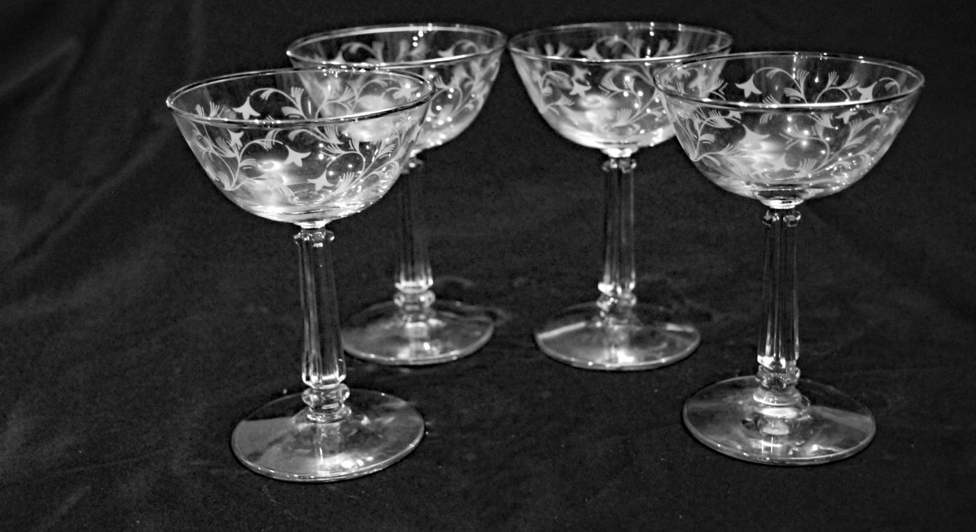 Antique Champagne or Sherbert Blown, Etched Stem Glasses x 4