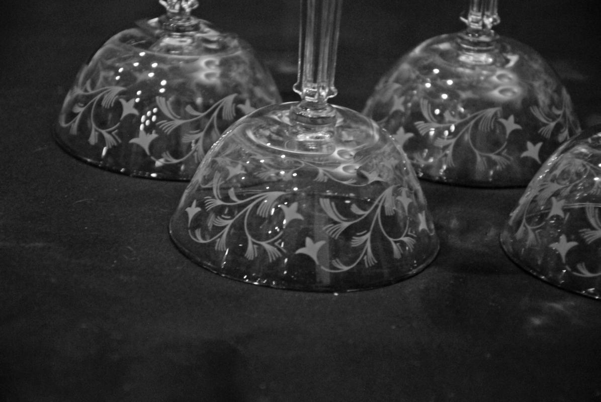 Antique Champagne or Sherbert Blown, Etched Stem Glasses x 4