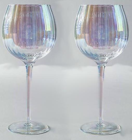 Iridescent  Optic Ribbed Balloon  Stem Glass Wine Goblets x 2