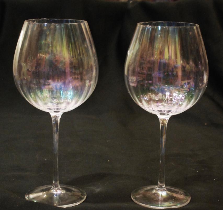 Iridescent  Optic Ribbed Balloon  Stem Glass Wine Goblets x 2
