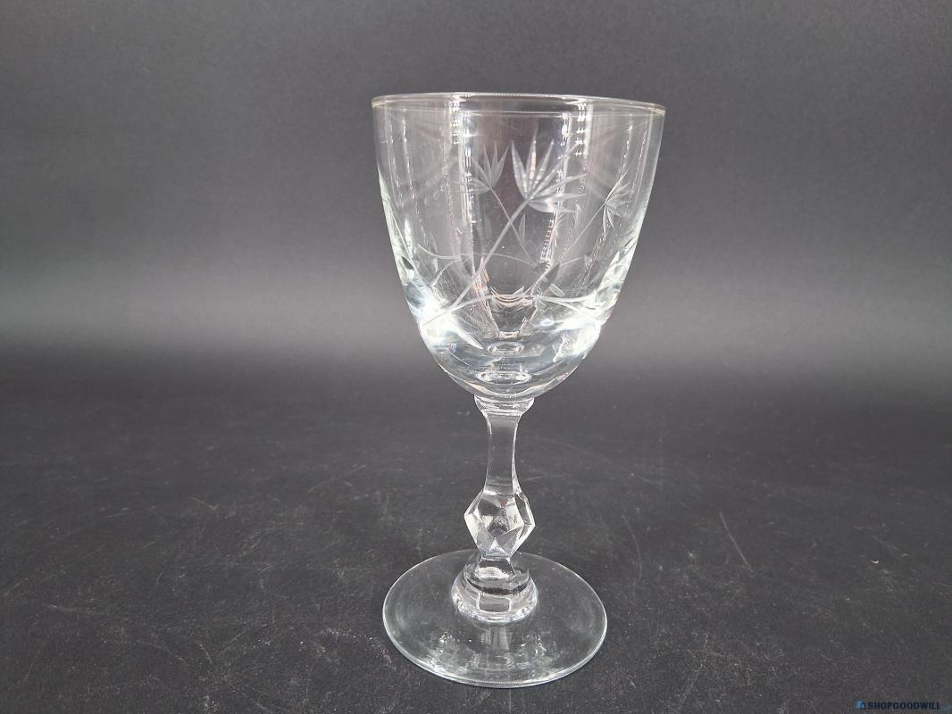 4 blown glass dessert wine glasses, cut flowers, stems ,leaves (gray). Tiffen