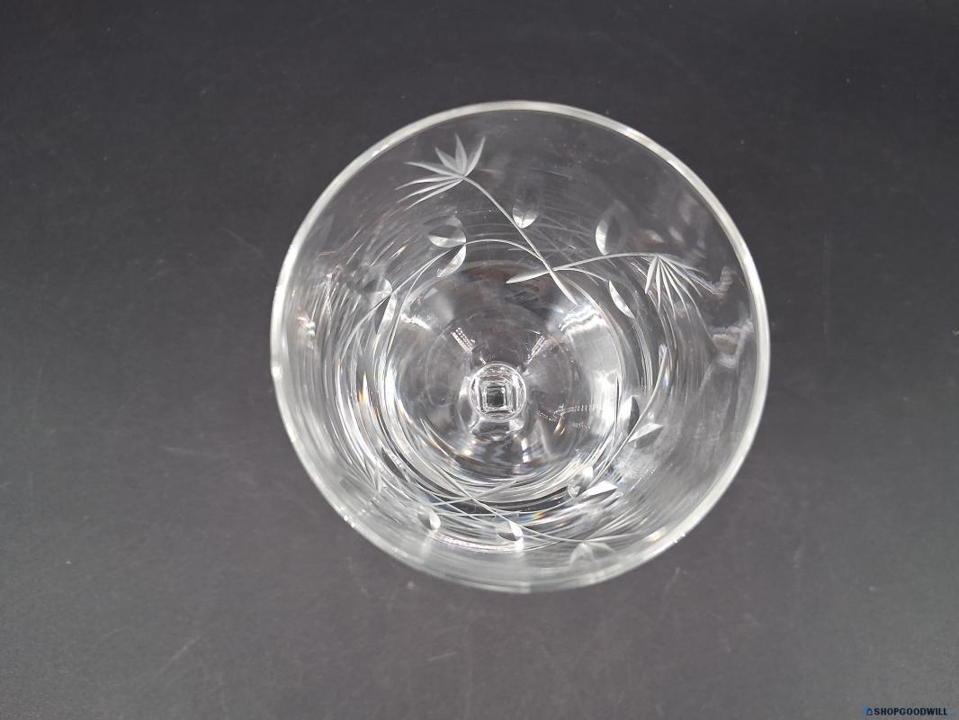 4 blown glass dessert wine glasses, cut flowers, stems ,leaves (gray). Tiffen