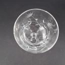 4 blown glass dessert wine glasses, cut flowers, stems ,leaves (gray). Tiffen