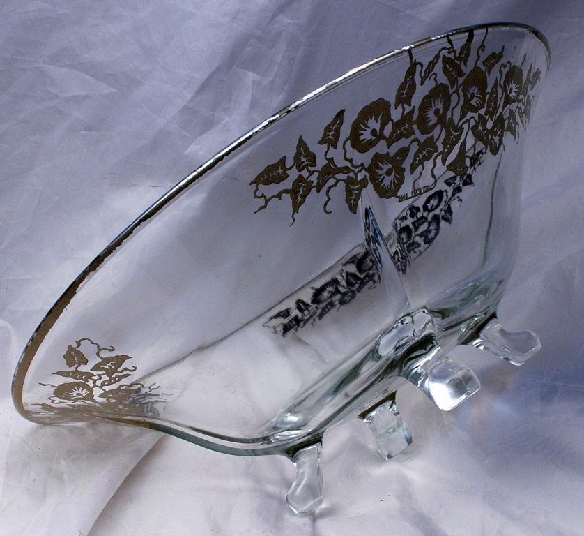 Art DECO Sterling Silver Morning Glories  Overlay Glass Center Piece 4- foot Bowl   Elegant Glassware   Cambridge Glass