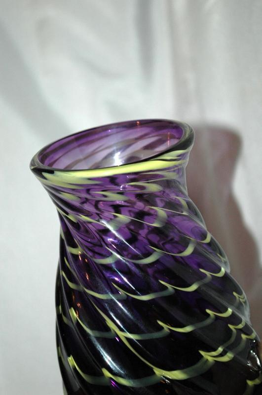 Blown Art Glass Deep Purple Vase/ twisted swirl glass with green waves signed CWK 2003