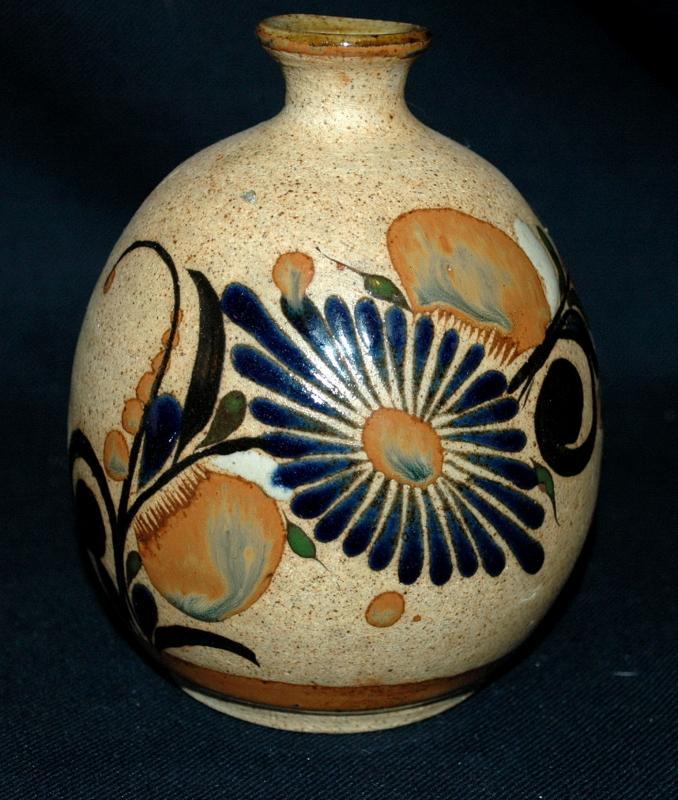  Folk Art Tonala Stoneware with Enameled Flowers  Bud Vase 