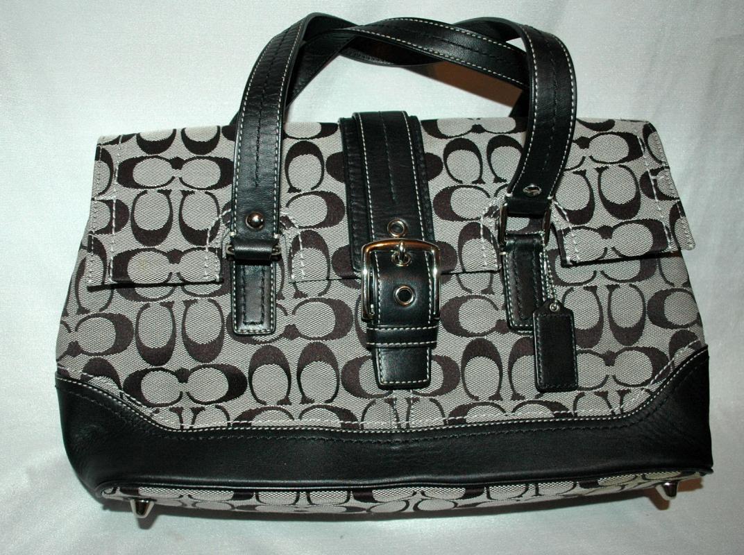 COACH - SIGNATURE STRIPE PURSE  HANDBAG - BLACK AND GRAY