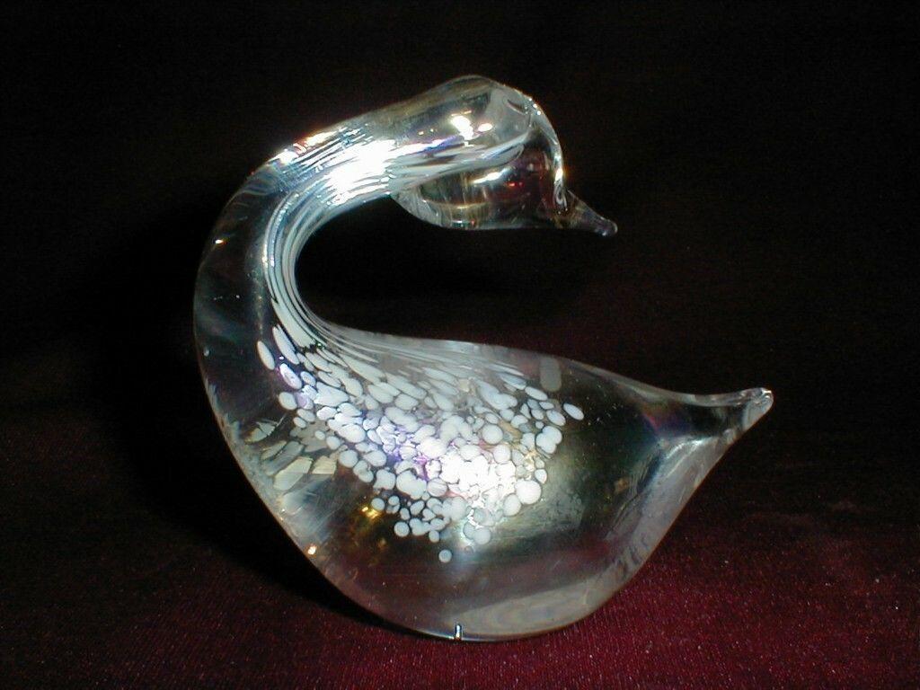 Albert E Price Swan/Goose  Paperweight Iridescent Crystal with Opalescent Splatter Spots