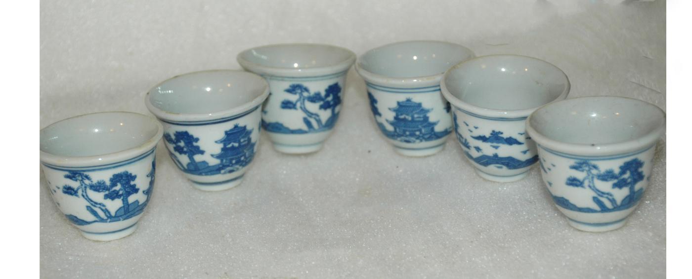 6 vintage blue white porcelain sake cup