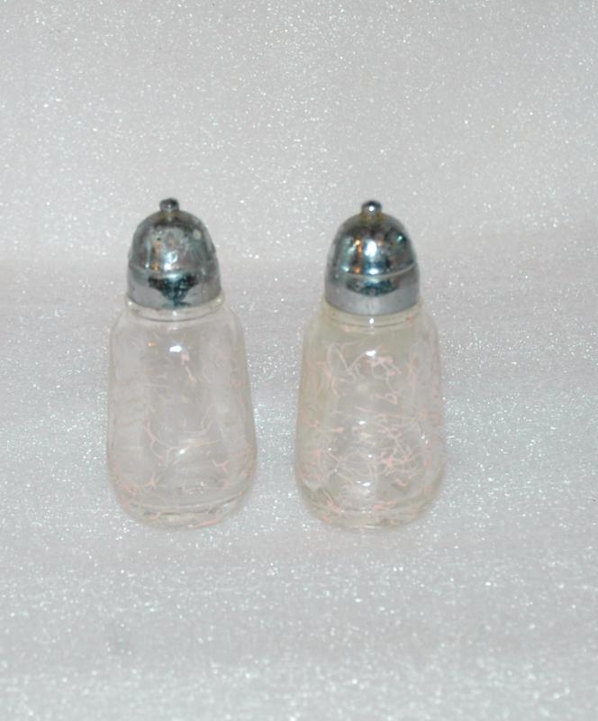  Mid-Century Modern Salt & Pepper Shakers Hazel Atlas Glass Pink Spaghetti Drizzle Spatter 1950's 