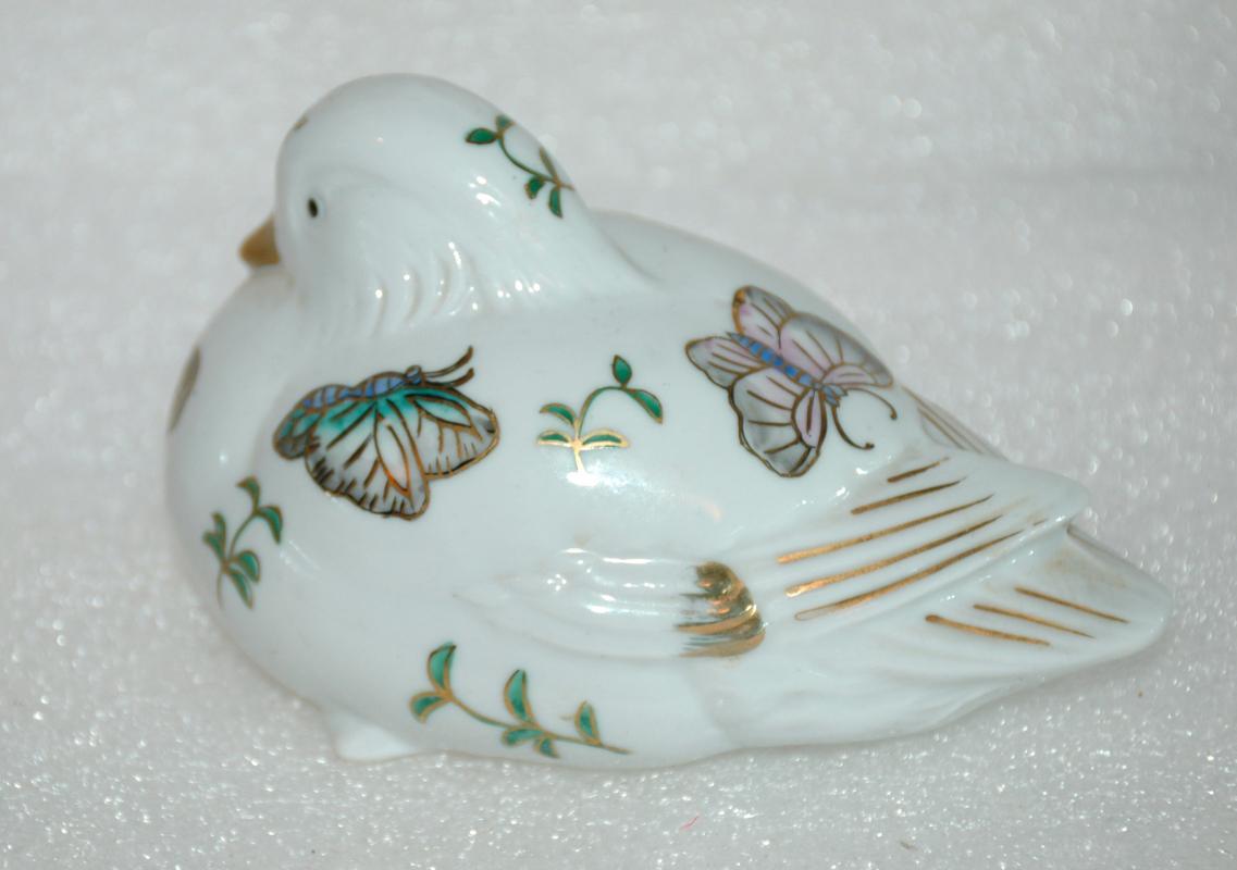 Chinese Porcelain Sitting Duck, Hand Painted with Butterflies and Gold Trim