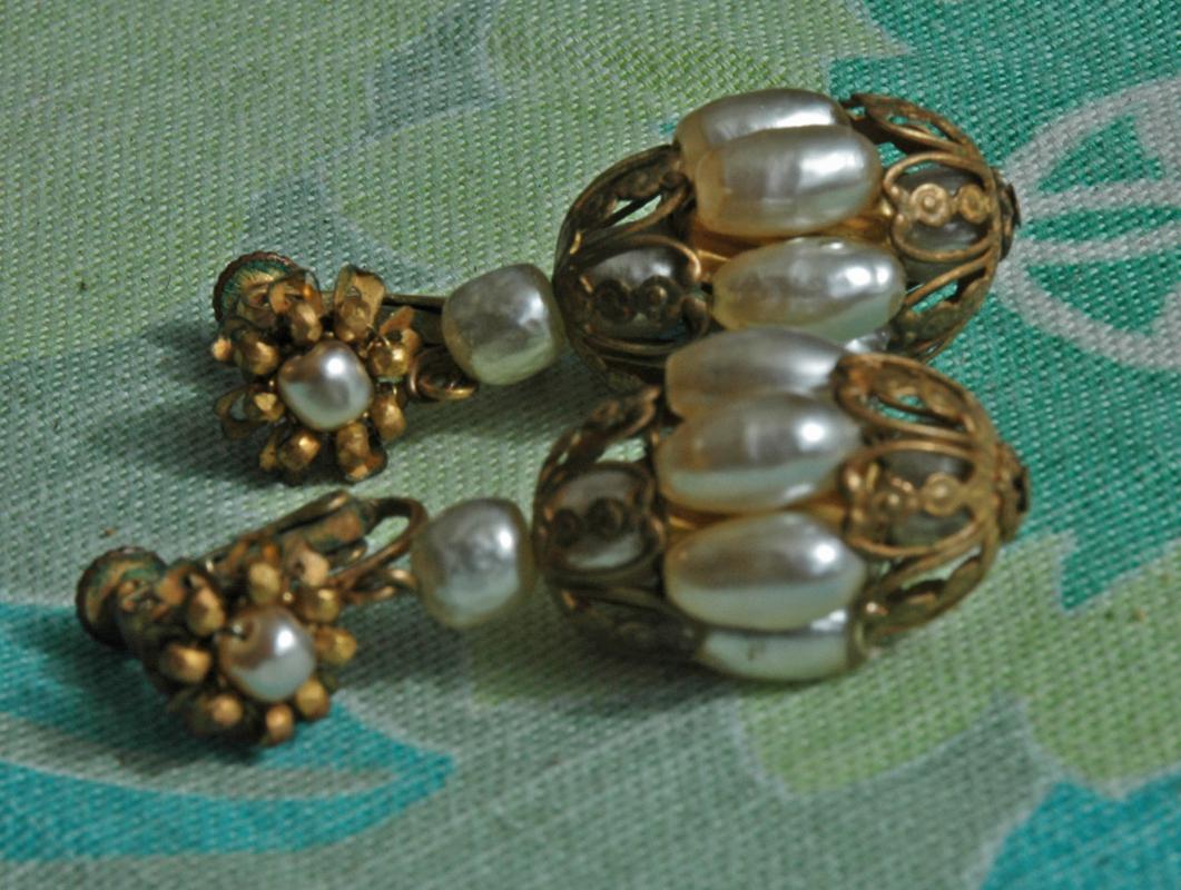 Antique Pearl Chinese Lantern Or Caged  Dangle Earrings  with Filigree brass setting