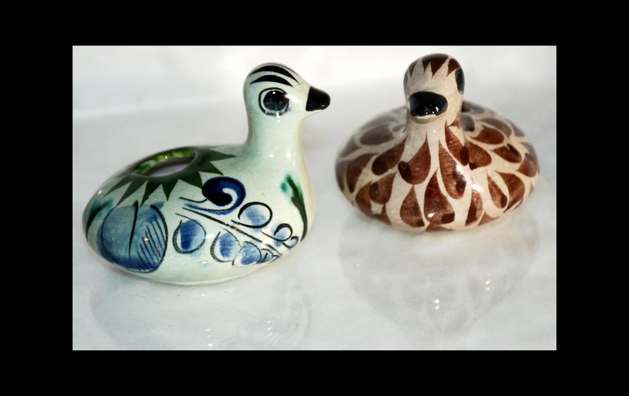 2 Mexican Tonala Pottery Bird Candle Holders Signed