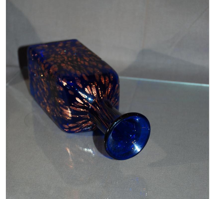 Cobalt Blue and Copper  Aventurine Glass Vase  Bottle, Rectangular , Art Glass Murano