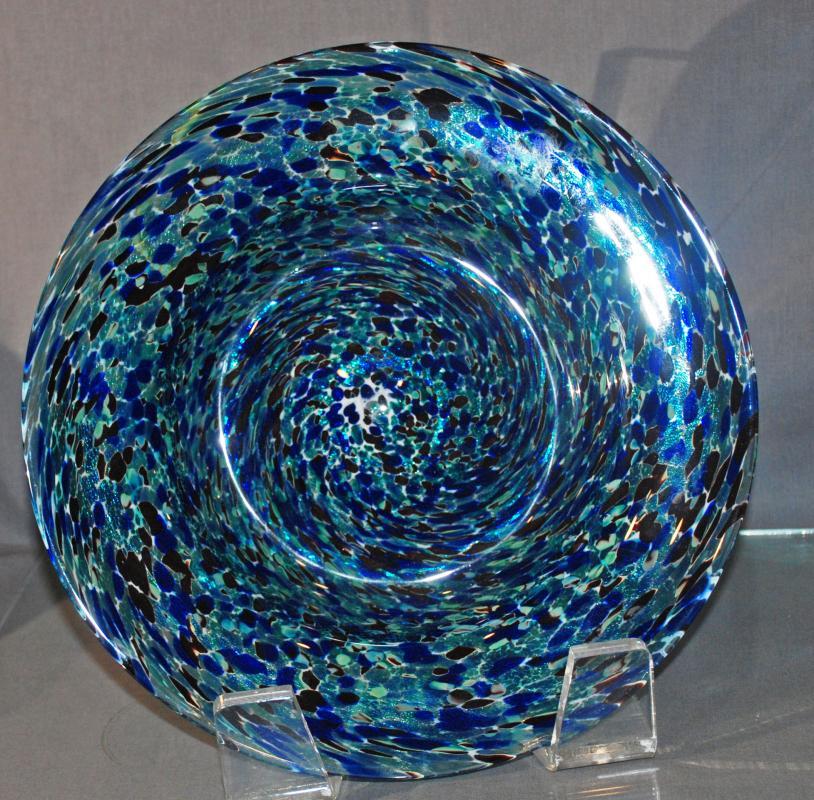 End of the Day Glass Swirled Confetti Bowl, Cobalt Spots  Hand Blown Studio Art Glass