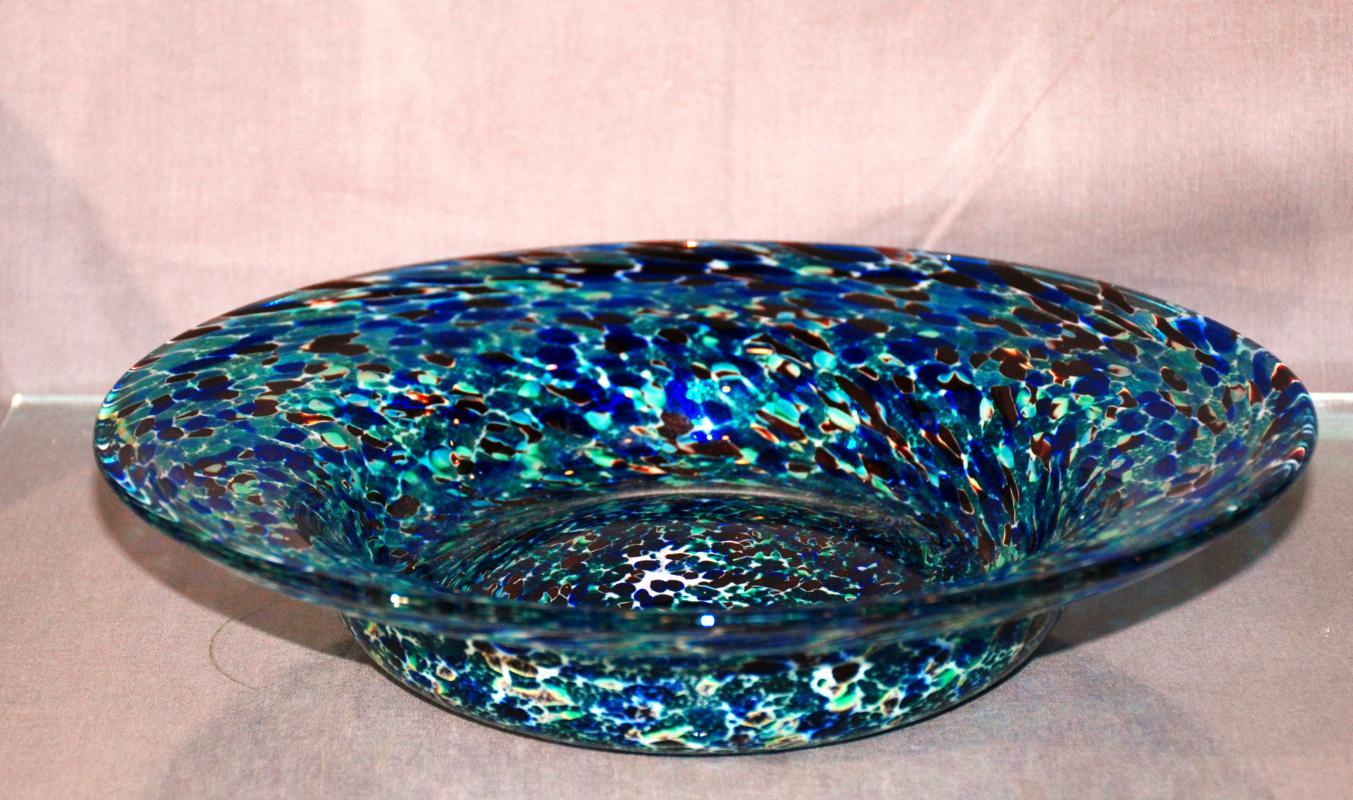 End of the Day Glass Swirled Confetti Bowl, Cobalt Spots  Hand Blown Studio Art Glass