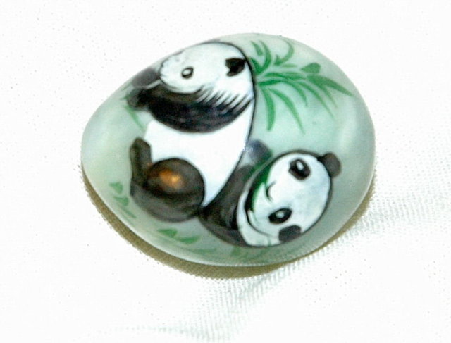 Panda Painting on Oval  Geen Onyx Egg