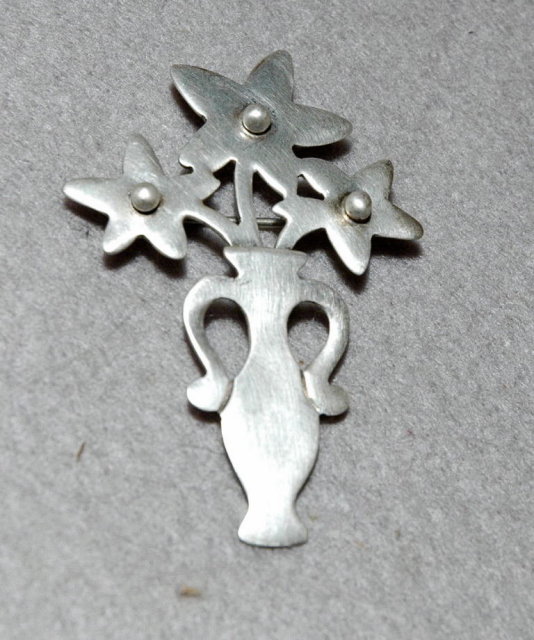 Mexican Sterling  Flower Vase Pin , A.H.D.