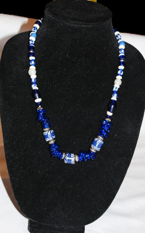 Tribal African Trade Bead Necklace, Cobalt Blue, White  Glass ,Shells and sliver , Handcrafted one of a kind.