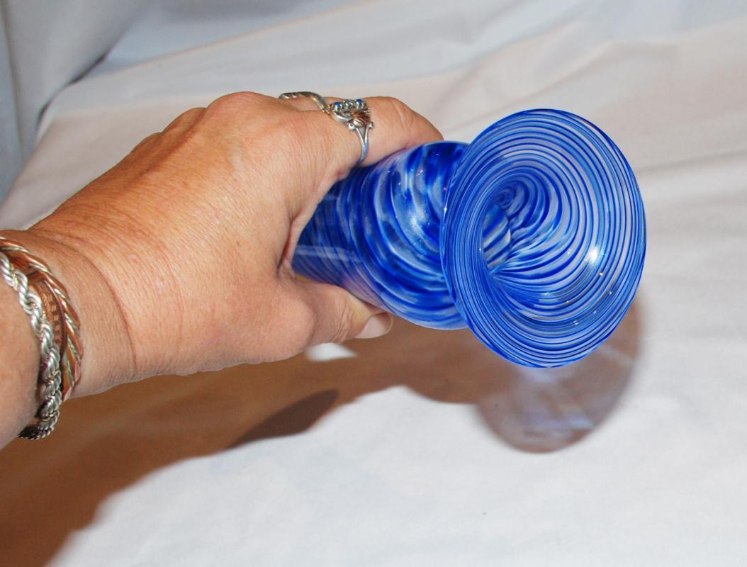 Art Glass Blue White Swirl Footed Bud Vase with Flared Rim