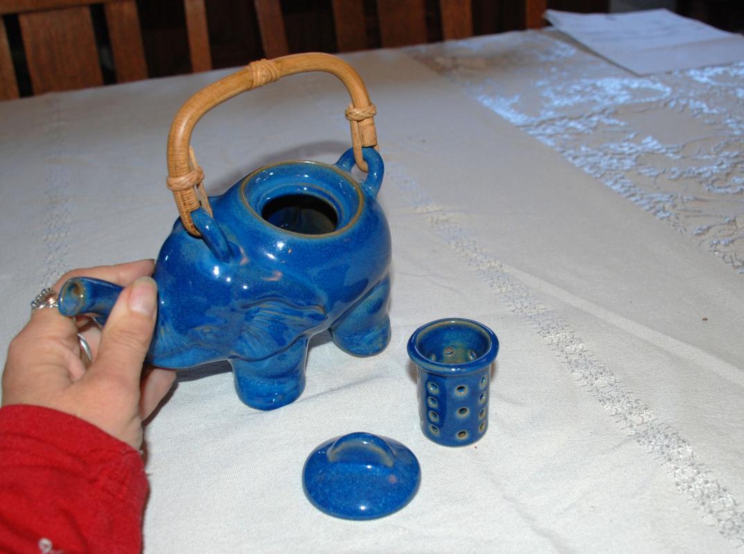 Blue Flambe' Glaze Elephant Teapot with Bamboo Handle  Asian