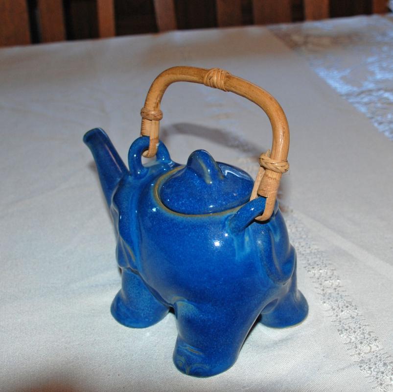 Blue Flambe' Glaze Elephant Teapot with Bamboo Handle  Asian