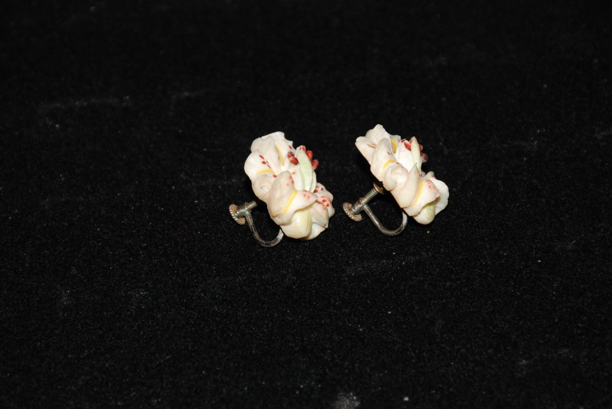 Native Alaskan Carved Painted Bone Flower Silver  Screw back Earrings with Dark Red Stamens   Ethnic Art