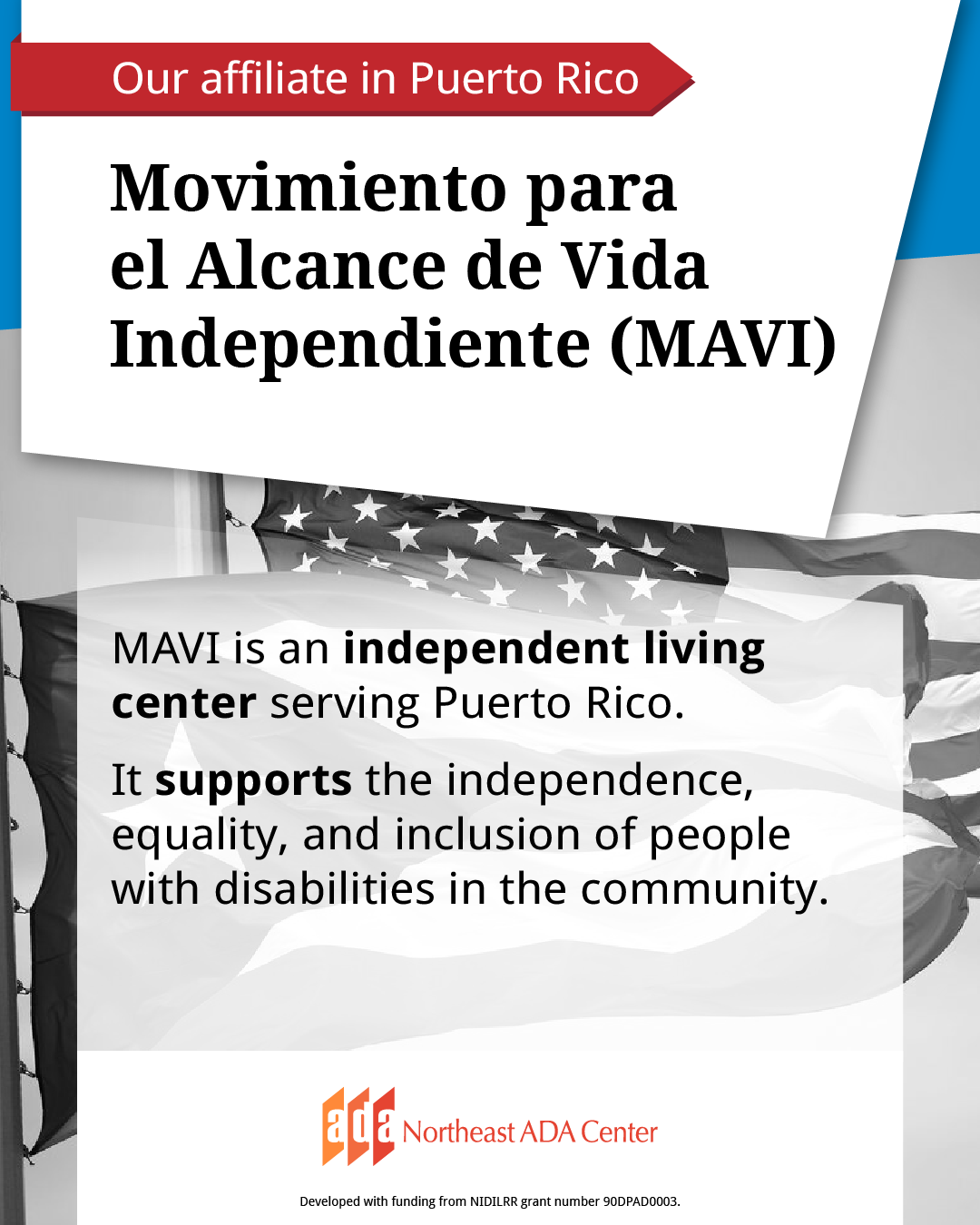 Movimiento para el Alcance de Vida Independiente (MAVI) in Puerto Rico
Social media banner with an image of the U.S. and New Jersey state flags in the background. The text says: Movimiento para el Alcance de Vida Independiente (MAVI) 
MAVI is an independent living center serving Puerto Rico. It supports the independence, equality, and inclusion of people with disabilities in the community.