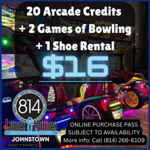 20 Credit Arcade Card + 2 Games of Bowling + 1 Shoe Rental 20 Credit Arcade Card + 2 Games of Bowling + 1 Shoe Rental