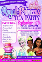 Come Dressed as your favorite Princess for Sparkles Royal Princess Tea Party Saturday September 12th 10am-12:00pm. Meet Moana, Tiana, and Elsa! Adults $10, Children $25. This is a non-skating event. $25 admission includes Buffet Luncheon, Princess Crafts, Dancing, Princess-in Trainning Lesson, Candy Buffet, and a Tiara.