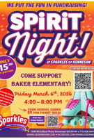 Come support Baker Elementary's fundraiser by purchasing a $15 Spirit Night Ticket! Every purchase helps towards raising money for the school & includes skating admission, skate rentals, and game of laser tag (kids 11 & older) or skating admission, skate rentals, game of laser tag, & access to the playground (kids 10 & younger). See YOU at the rink!