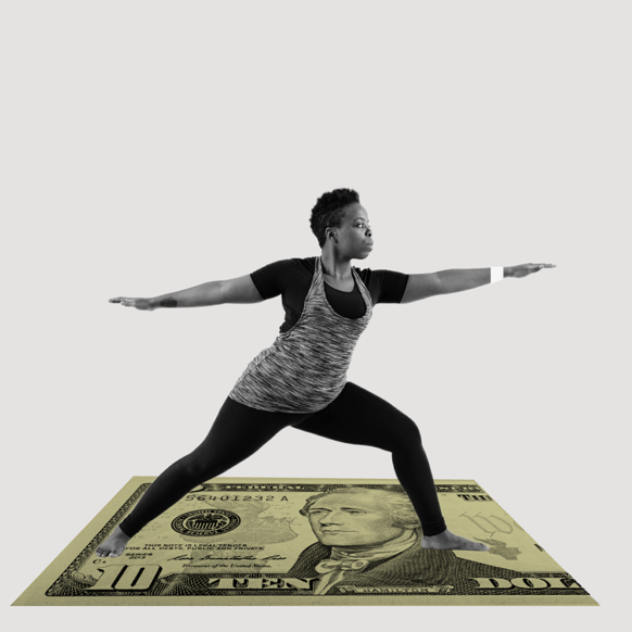 A woman practicing yoga, but her yoga mat is a $10 bill. Collage.