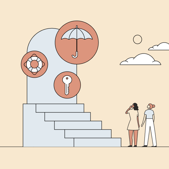 2 women looking at a giant door. Circles float in the air in front with an umbrella, key, and life preserver. Illustration.