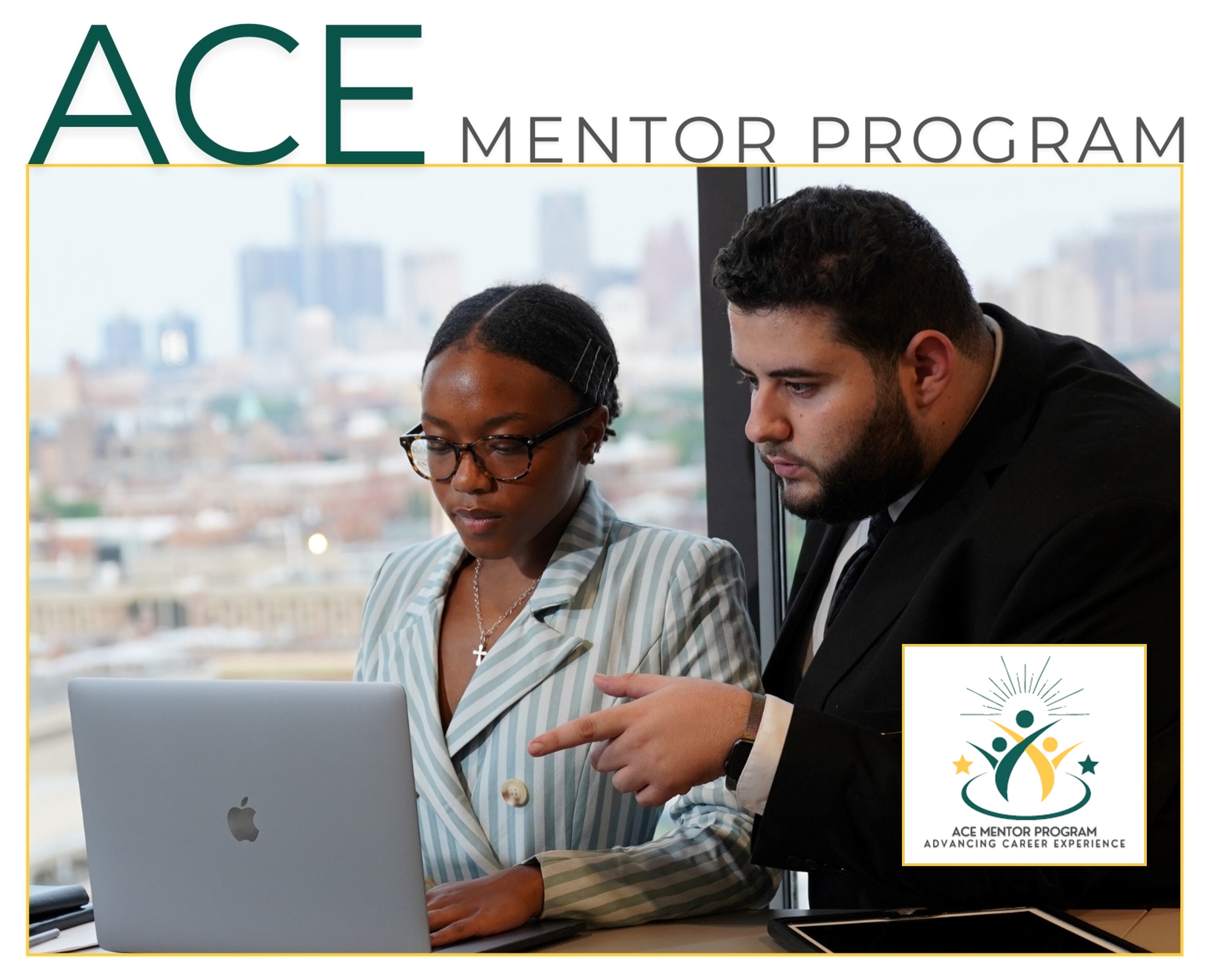 Photo of ACE Mentor Program: Mentor helping Mentee at a computer