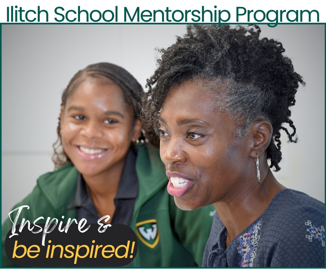Photo of a mentor with their mentee looking at them with a caption reading Inspire & Be Inspired.