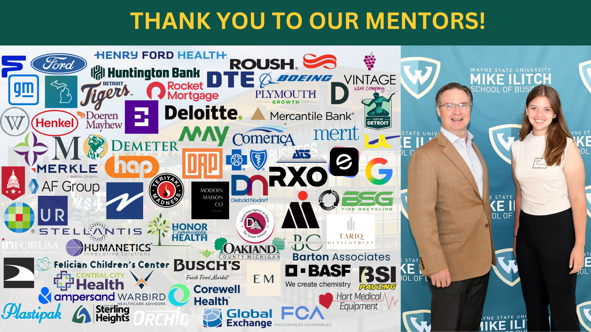Thank you graphic recognizing companies that participated in the Corporate Mentor Program, featuring multiple company logos and a photo of program participants.