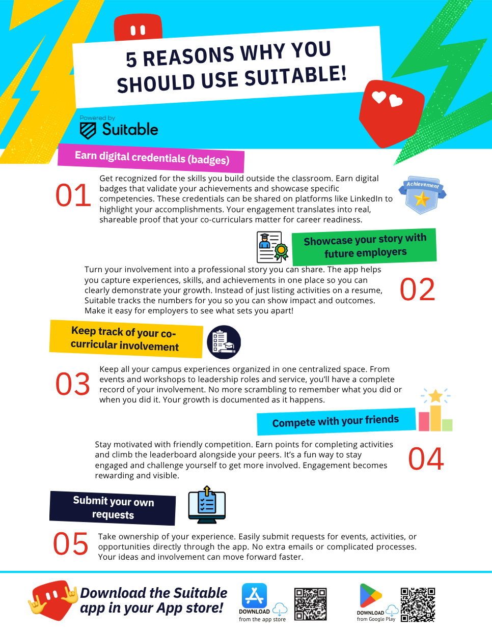 Promotional flyer titled “5 Reasons Why You Should Use Suitable,” highlighting benefits such as earning digital badges, showcasing experiences to employers, tracking co-curricular involvement, competing with peers, and submitting activity requests. QR codes for downloading the Suitable app are included at the bottom.