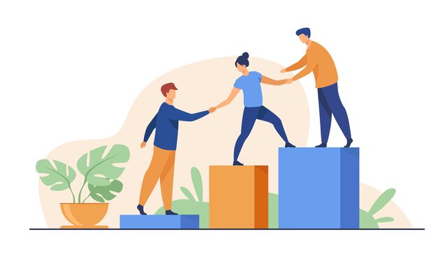 illustration of three people helping each other on ascending platforms