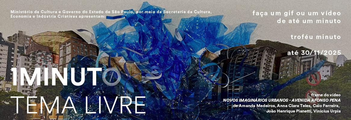 Banner do concurso Tema Livre do Festival do Minuto. Faça um vídeo ou GIF de até 60 segundos com tema livre. Inscrições até 30 de novembro de 2025.