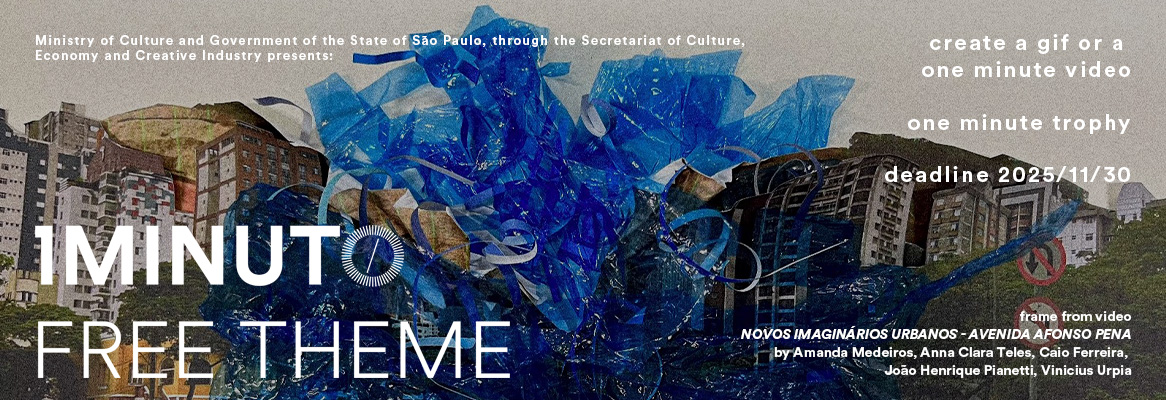 Banner for the Free Theme contest of the One Minute Festival. Create a video or GIF up to 60 seconds on any topic. Submissions open until november 30, 2025.