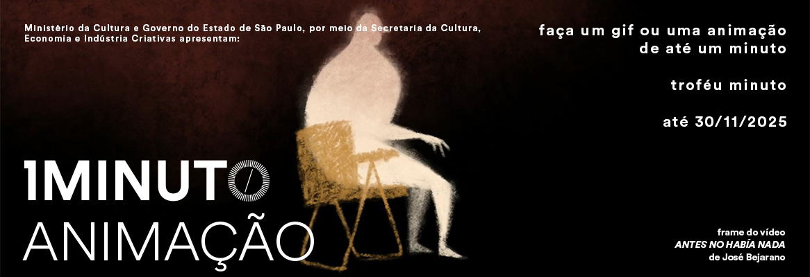 Banner do concurso de Animação do Festival do Minuto. Crie uma animação de até 60 segundos em qualquer técnica. Inscrições até 30 de novembro de 2025