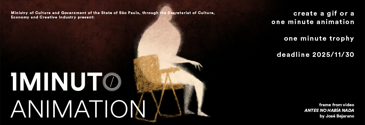 Banner for the Animation contest of the One Minute Festival. Submit an animation up to 60 seconds using any technique. Submissions open until November 30, 2025.