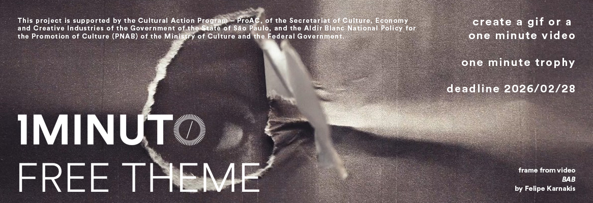 Banner for the Free Theme contest of the One Minute Festival. Create a video or GIF up to 60 seconds on any topic. Deadline 2026/02/28.