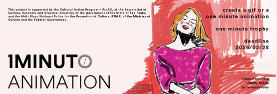 Banner for the Animation contest of the One Minute Festival. Submit an animation up to 60 seconds using any technique. Deadline 2026/02/28.