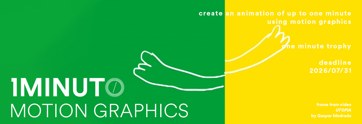 Banner for the Motion Graphics contest. Create an animation of up to one minute using motion graphics. Entries accepted until July 31, 2026.