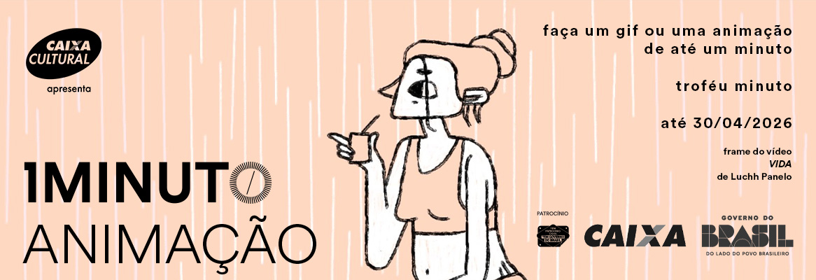 Banner do concurso de Animação do Festival do Minuto. Crie uma animação de até 60 segundos em qualquer técnica.  Inscrições até 30 de abril de 2026.
