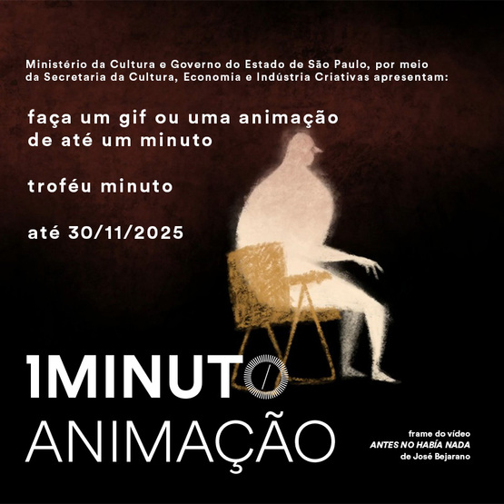 Banner do concurso de Animação do Festival do Minuto. Crie uma animação de até 60 segundos em qualquer técnica. Inscrições até 30 de novembro de 2025