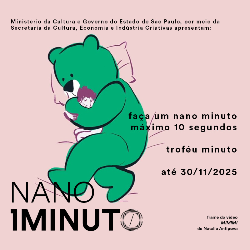 Banner do concurso Nano Minuto do Festival do Minuto. Envie um vídeo de até 10 segundos com tema livre. Inscrições até 30 de novembro de 2025.
