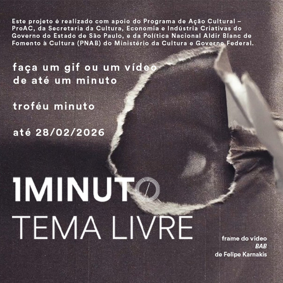Banner do concurso Tema Livre do Festival do Minuto. Faça um vídeo ou GIF de até 60 segundos com tema livre. Inscrições até 28 de fevereiro de 2026.