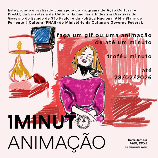 Banner do concurso de Animação do Festival do Minuto. Crie uma animação de até 60 segundos em qualquer técnica.  Inscrições até 28 de fevereiro de 2026.